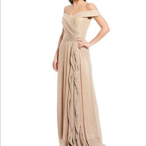 Off-the-Shoulder Cap Sleeve Ruched Bodice Cascade Metallic Chiffon Gown XSCAPE